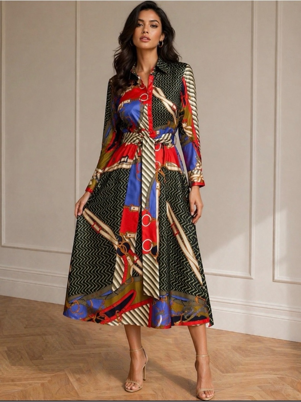 Zara Women XL Belt Print Midi Shirt Dress Tie Waist Long Sleeve